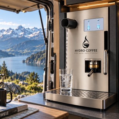 HYDRO-COFFEE Wasserfilter und Kaffeemaschine im Camper beim automatischen Befüllen eines Trinkglases