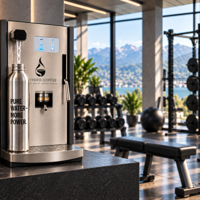 HYDRO-COFFEE Wasserfilter und Kaffeemaschine im Fitnessstudio beim Befüllen einer Edelstahl-Trinkflasche