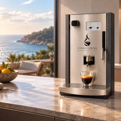 HYDRO-COFFEE Wasserfilter und Espressomaschine in einer modernen Ferienwohnung bei der Espressozubereitung