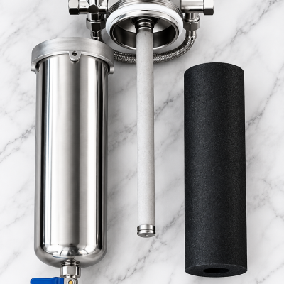 Geöffneter SAN-MINI Wasserfilter aus Edelstahl 316 mit Aktivkohlefilter 1 µm und Titanfilterkerze 0,2 µm
